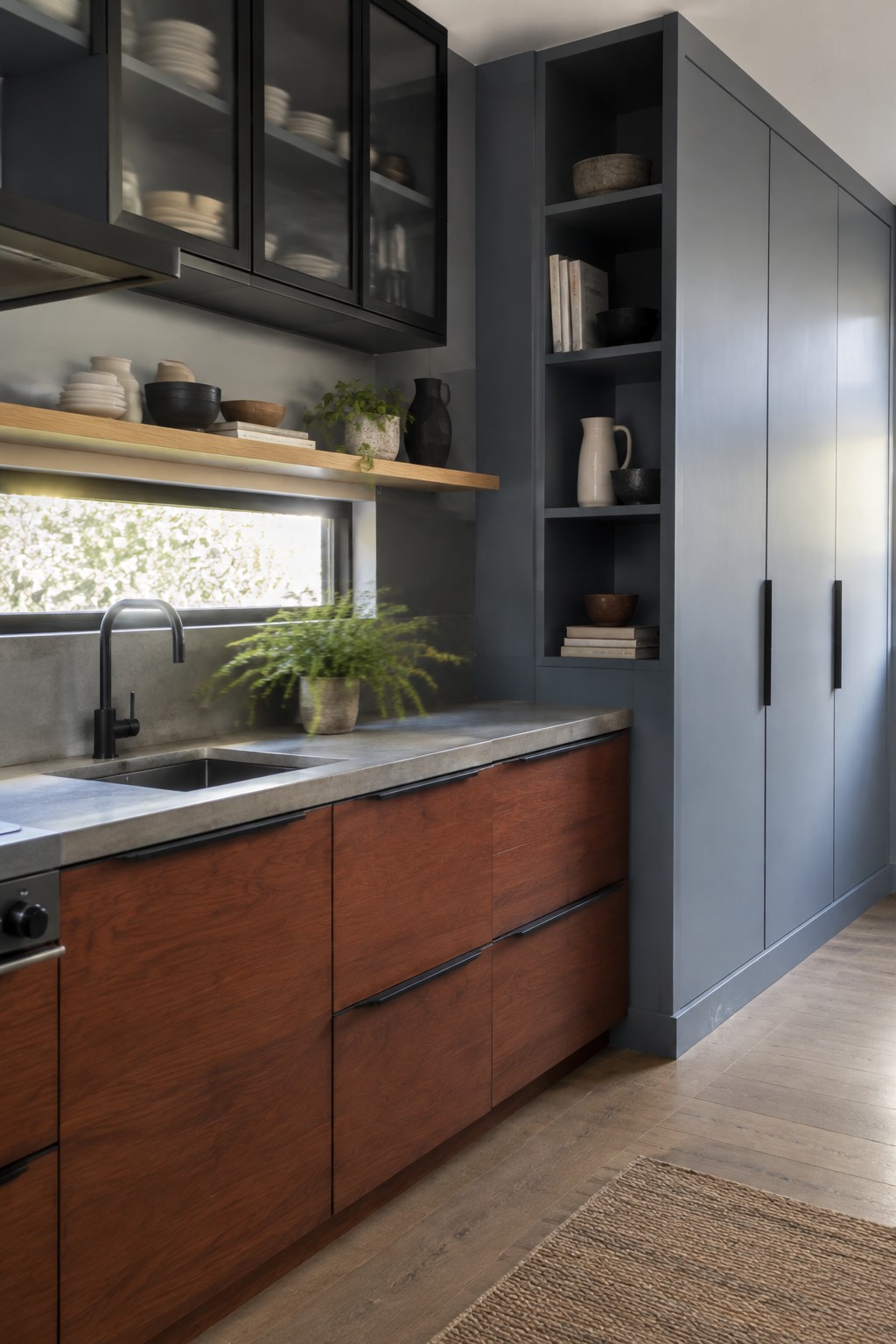 Modern kitchen with dark gray cabinets, wood drawers, concrete counter, and open shelves.