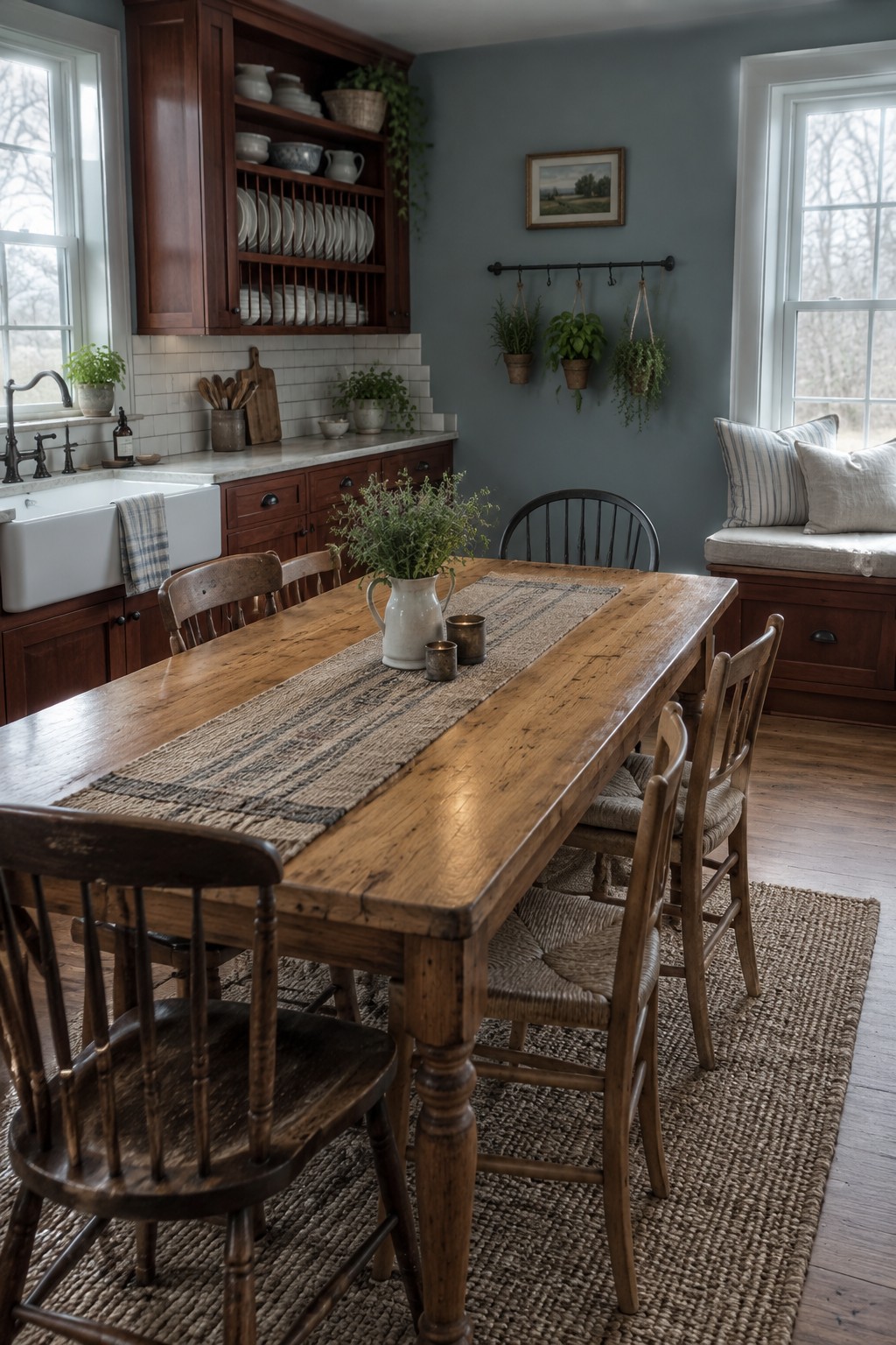 Rustic wooden dining table in blue farmhouse kitchen with sink and windows.