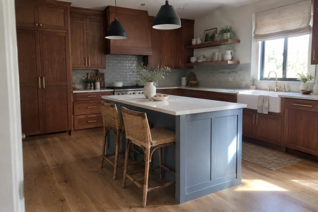 Kitchen island painted in soft blue gray beside cherry wood cabinets.