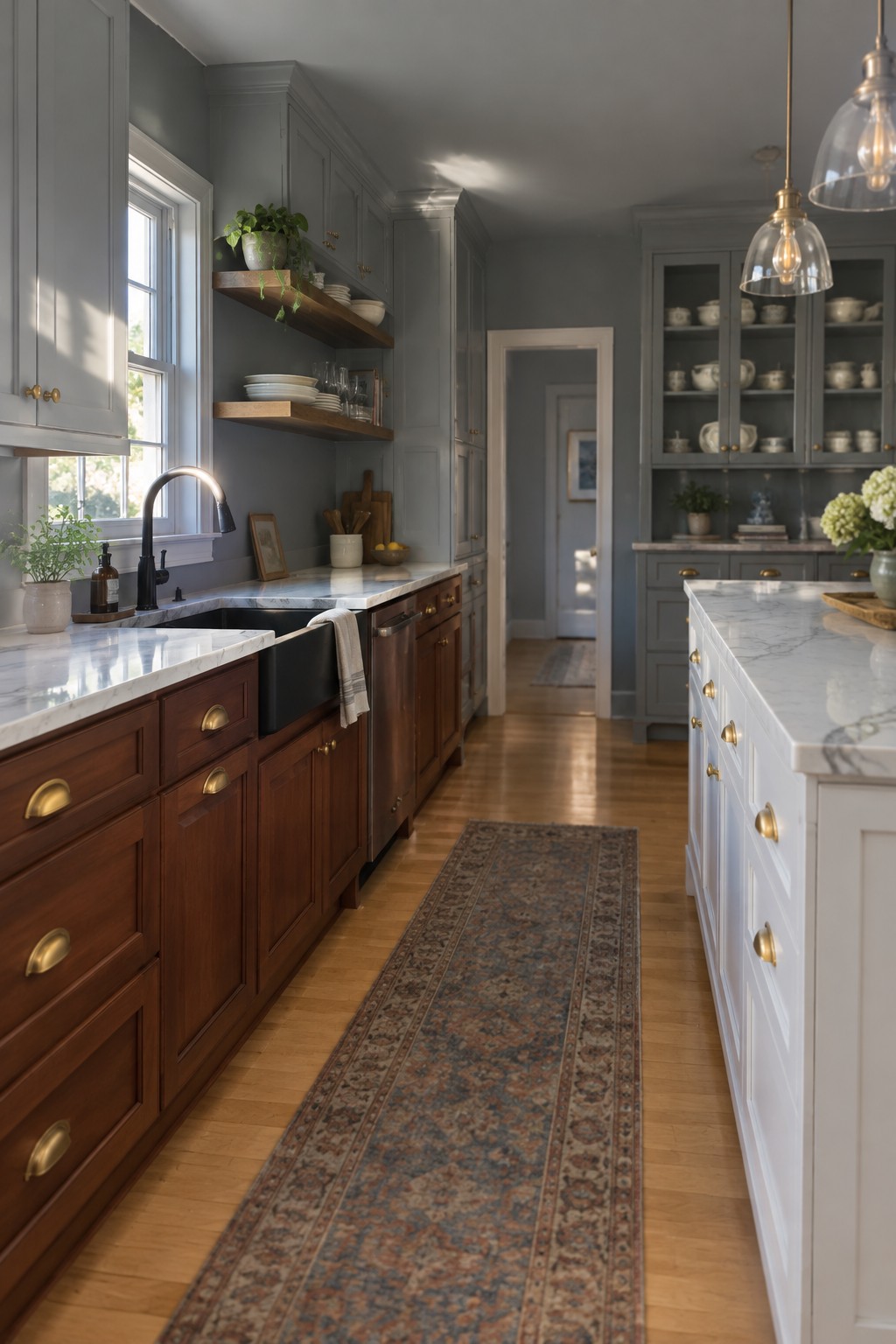 A kitchen with muted blue gray walls and upper cabinets paired with dark cherry lower cabinets and a white island.