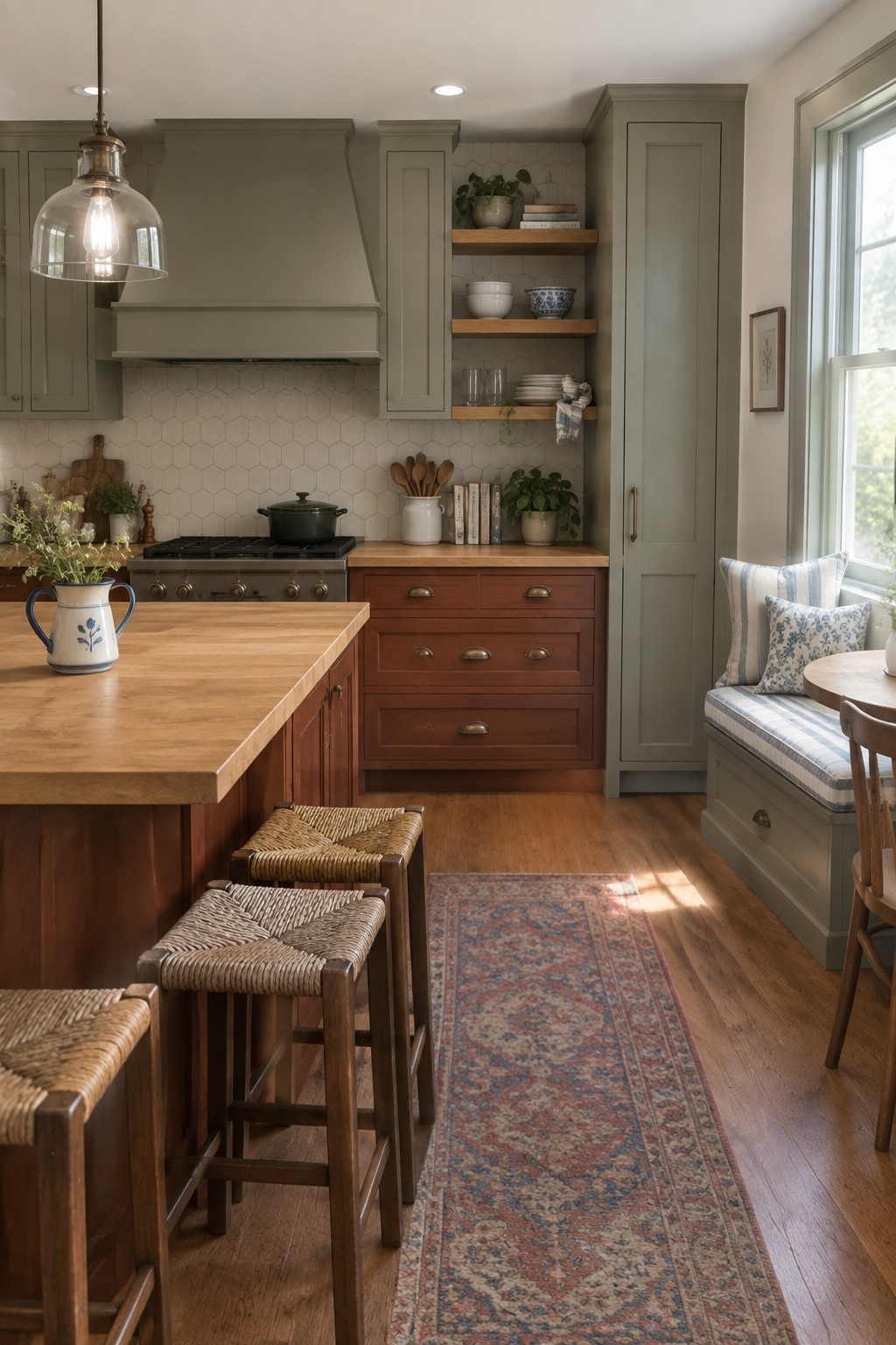 Sage green kitchen with wooden island, woven bar stools, and patterned runner rug.