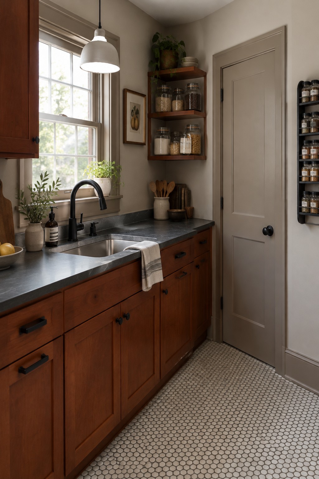A kitchen with soft greige walls next to cherry wood cabinets and a dark countertop.