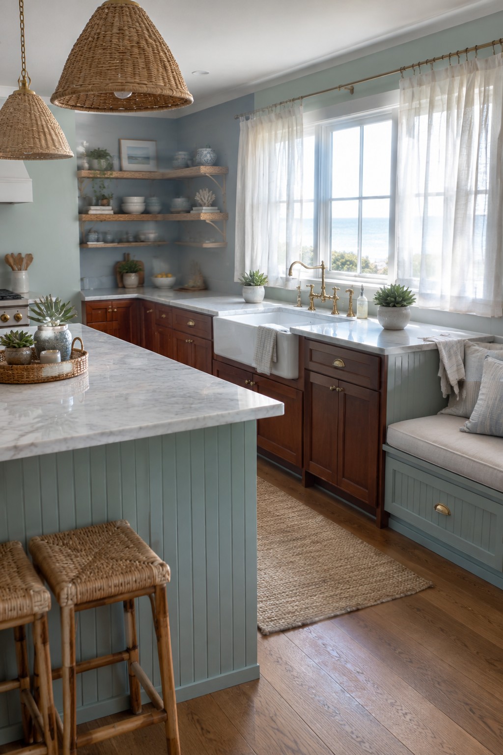 Light blue coastal kitchen with marble island, farmhouse sink, woven pendants, and ocean view window
