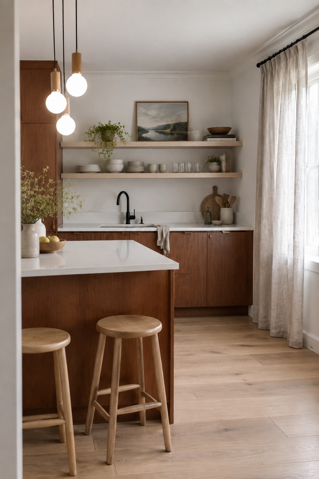 A kitchen with pale warm walls paired with cherry wood cabinets.