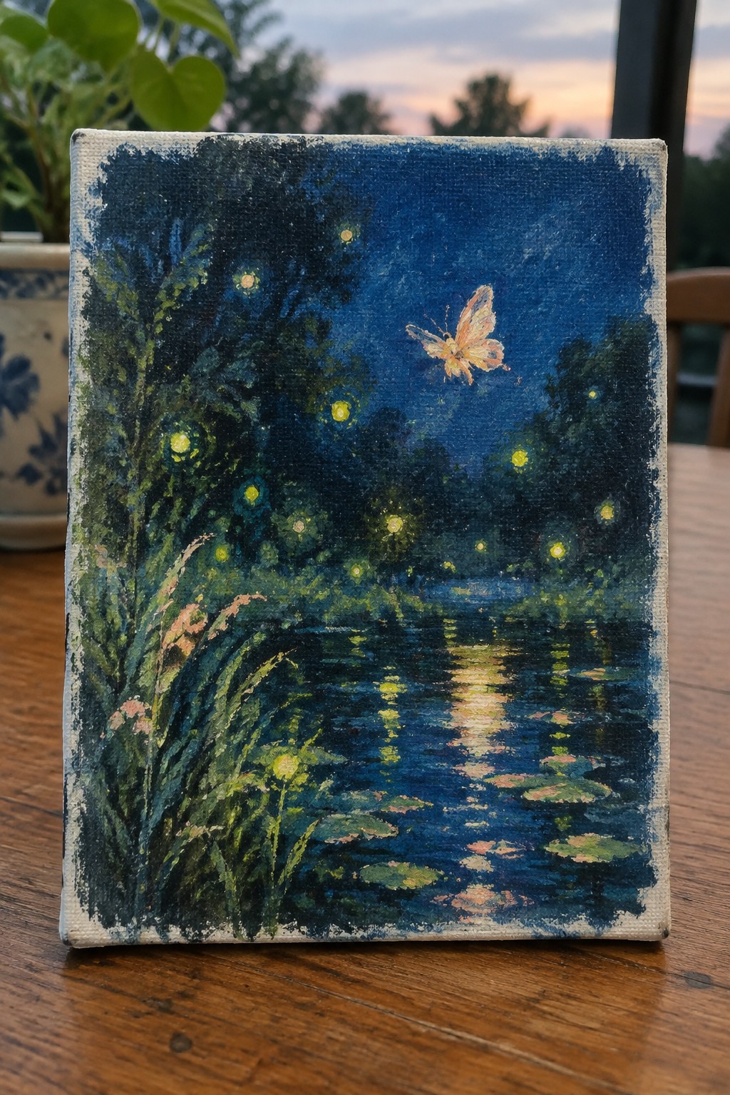Small canvas painting of fireflies glowing over a dark lily pad pond with butterfly.