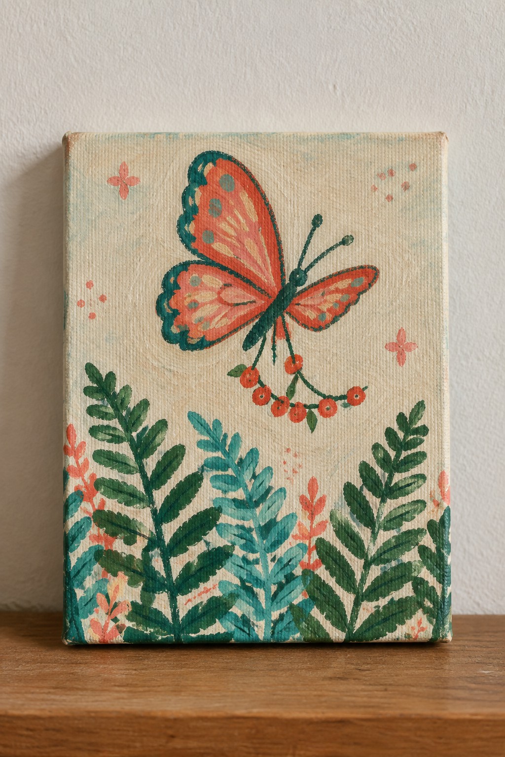 Orange and teal butterfly painting with green leaves and red berries on canvas
