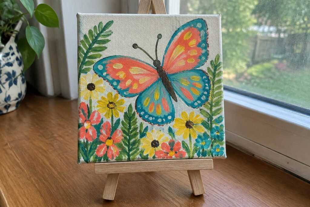 19 Colorful Mini Canvas Painting Ideas Featuring Butterflies and Nature Motifs Colorful butterfly with orange wings and flowers on small canvas atop wooden easel