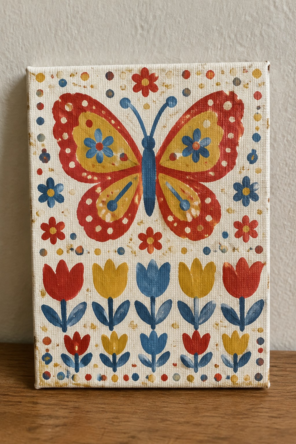 Folk-art canvas painting of vibrant red-yellow butterfly above rows of blue and red tulips.