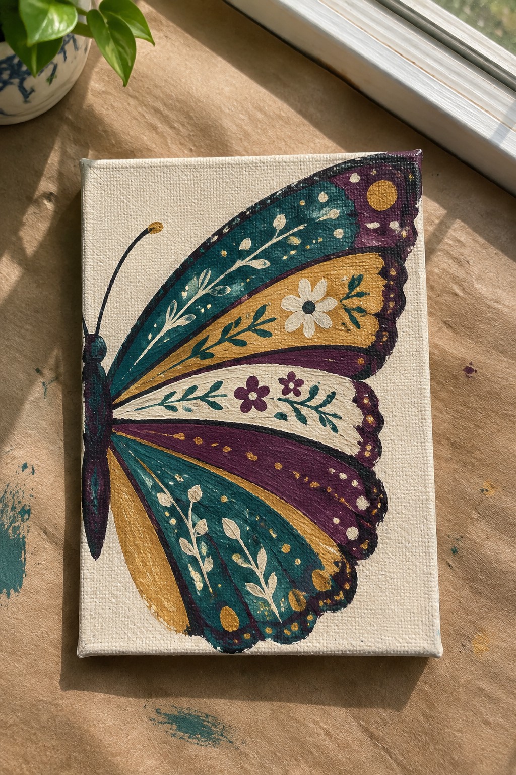 Colorful butterfly painting on canvas with teal, purple, yellow floral wings