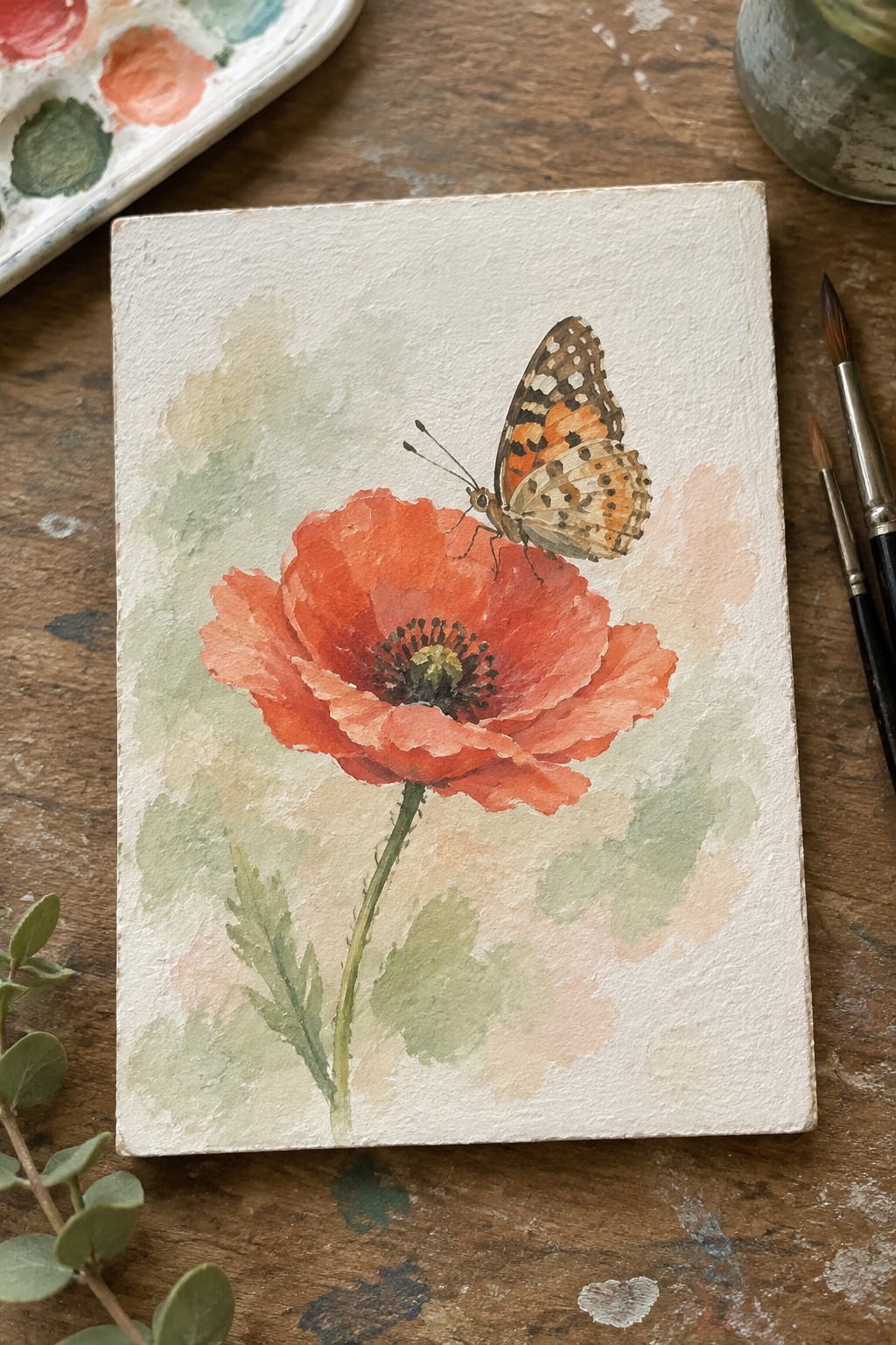 Watercolor of red poppy with orange butterfly amid paint palette and brushes
