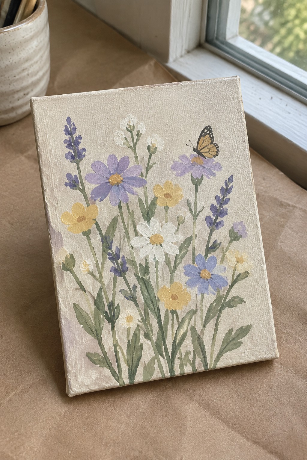 Wildflower painting on canvas propped on windowsill beside paintbrushes