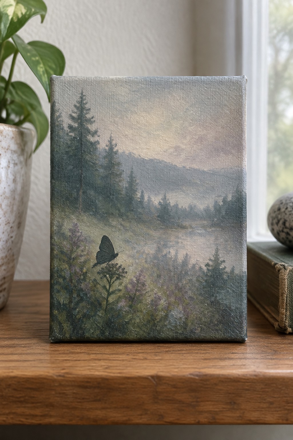 Small canvas painting of misty forest with butterfly on wooden table beside plant and book