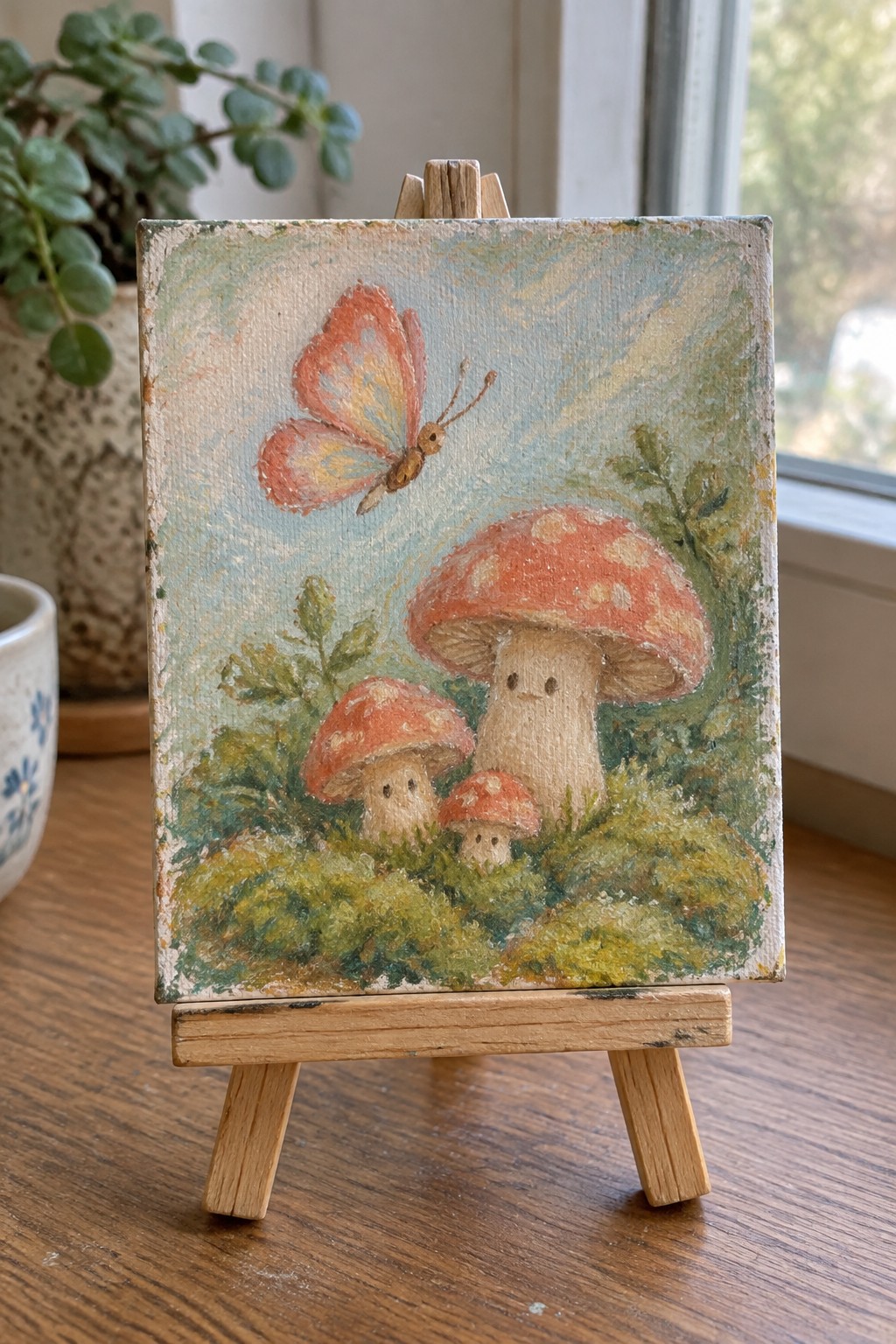 Miniature painting of three cute mushrooms with faces and an orange butterfly in grass.