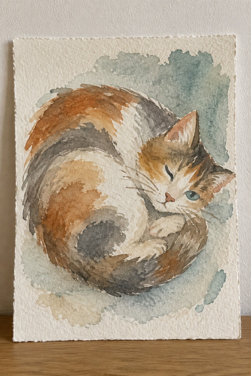 Watercolor of curled calico cat in soft orange, brown, and teal washes