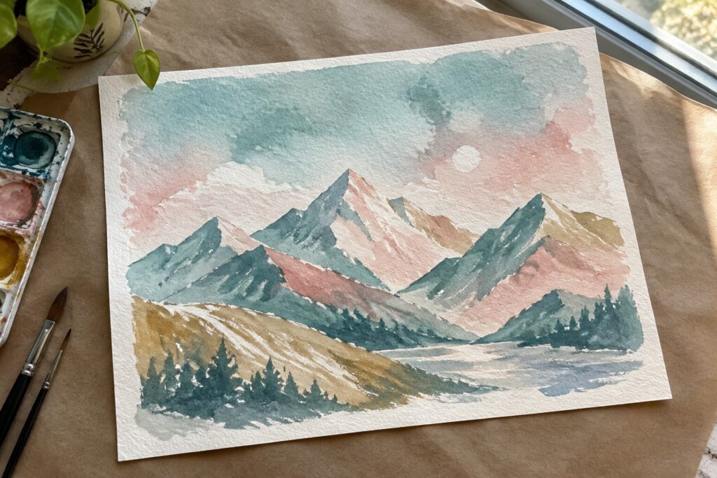 Watercolor landscape of mountains and lake with pine trees, sun, and paintbrush