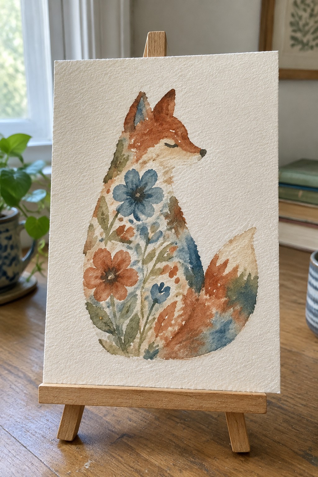 Watercolor fox silhouette filled with orange and blue flowers on wooden easel.