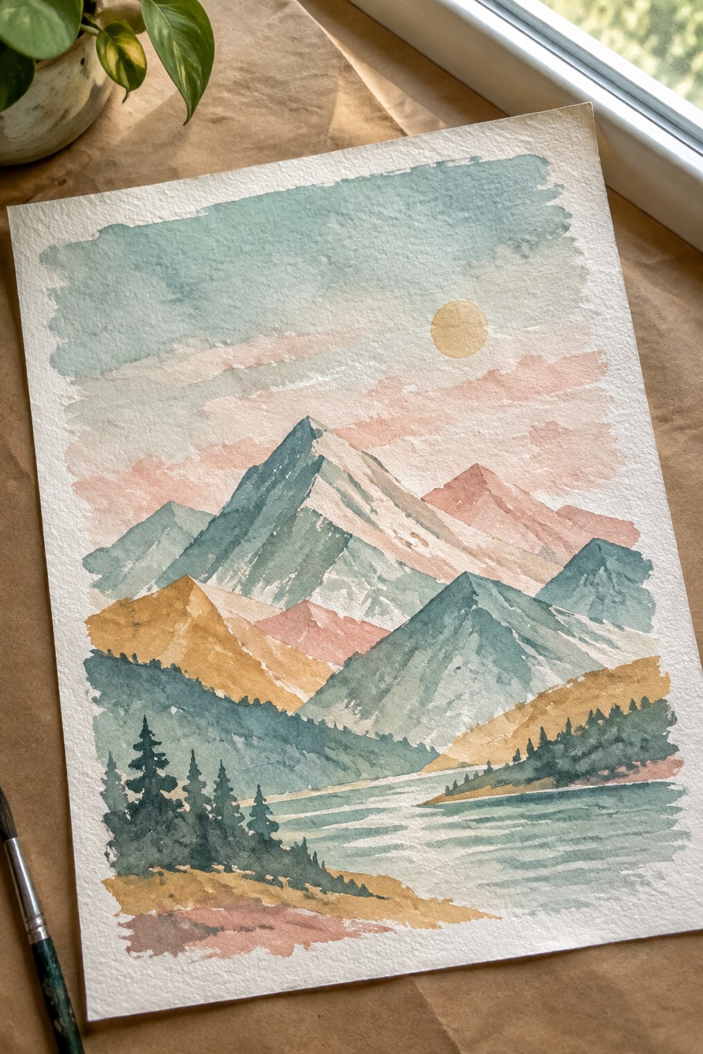 Watercolor landscape of mountains and lake with pine trees, sun, and paintbrush