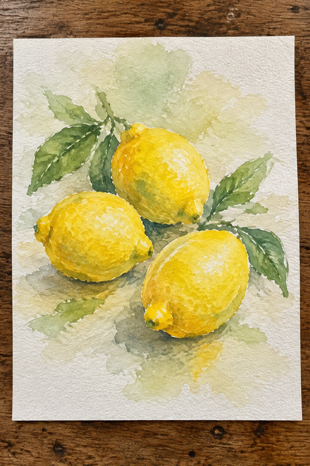 Watercolor painting of three yellow lemons with green leaves on white paper