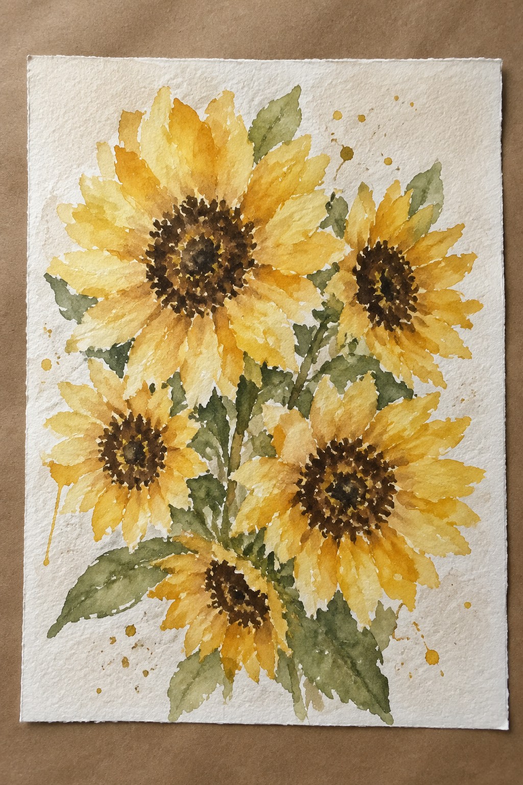 Watercolor painting of yellow sunflowers with brown centers and green leaves on white paper