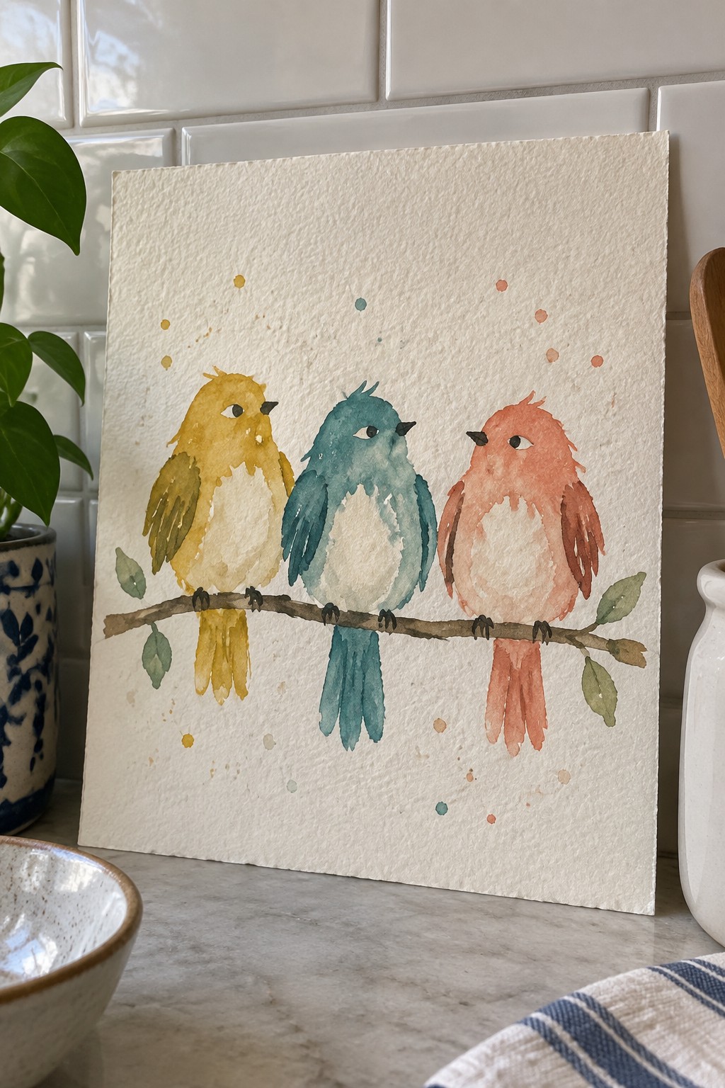 Watercolor painting of three colorful birds on a branch with scattered dots