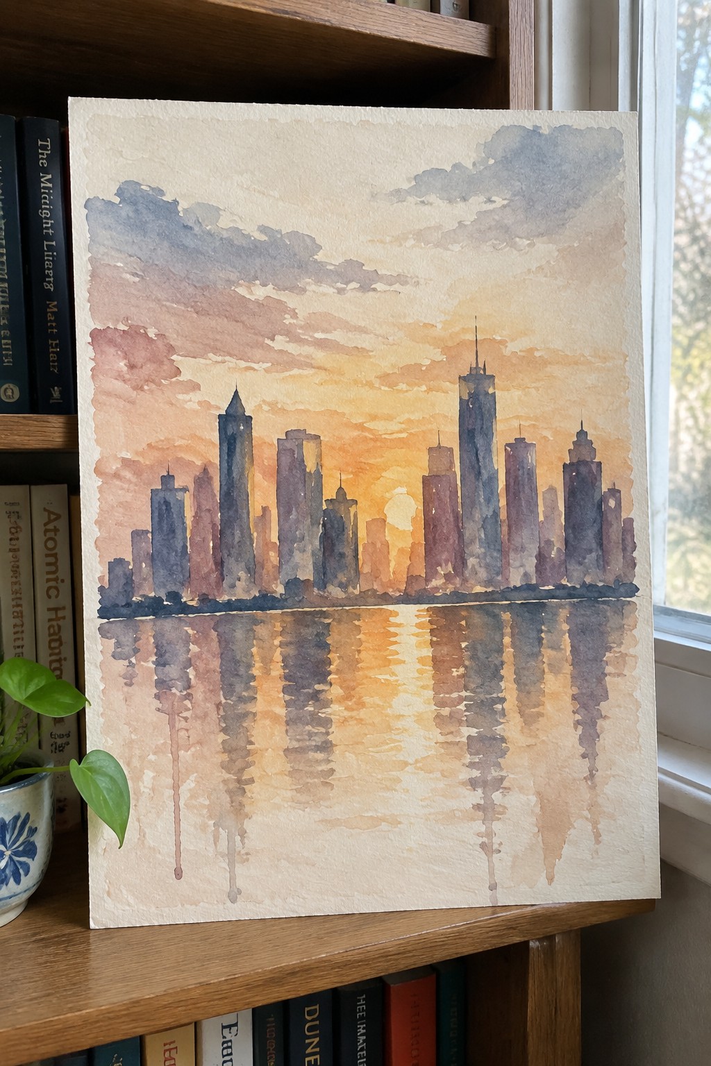 Watercolor city skyline at sunset with reflections on wooden bookshelf among books