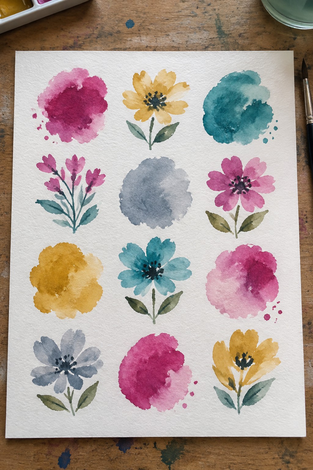 Watercolor flowers and abstract color swatches in pink, yellow, teal on paper