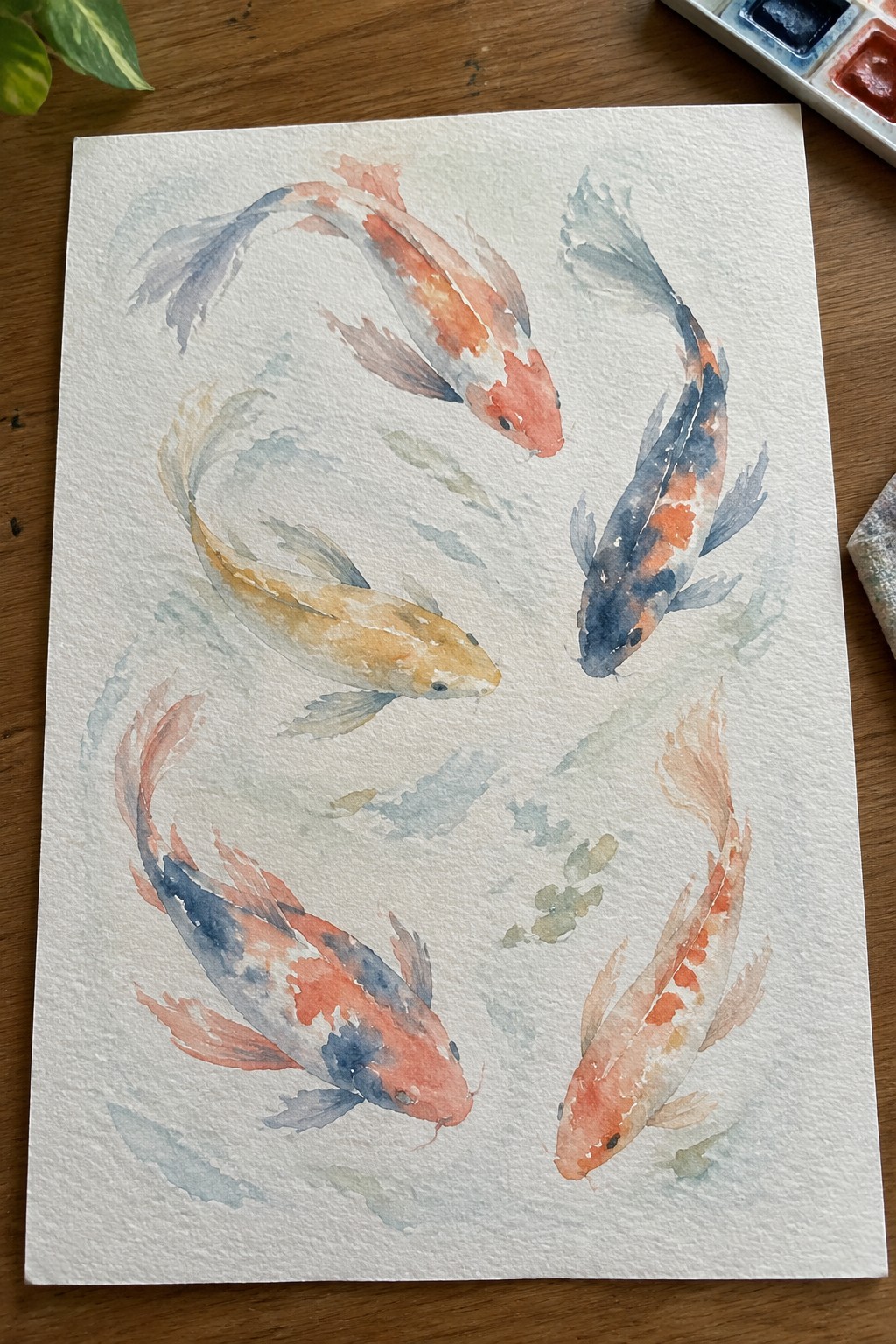 Watercolor painting of five colorful koi fish on white paper beside palette on wood