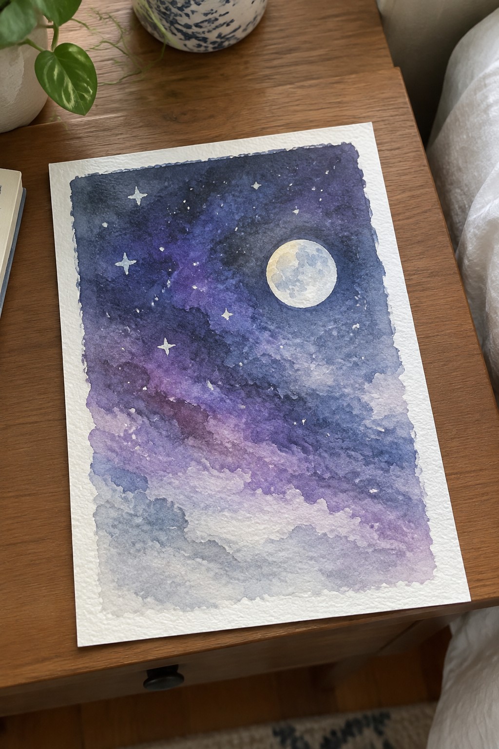 Watercolor night sky painting with moon, stars, and purple clouds on wooden table
