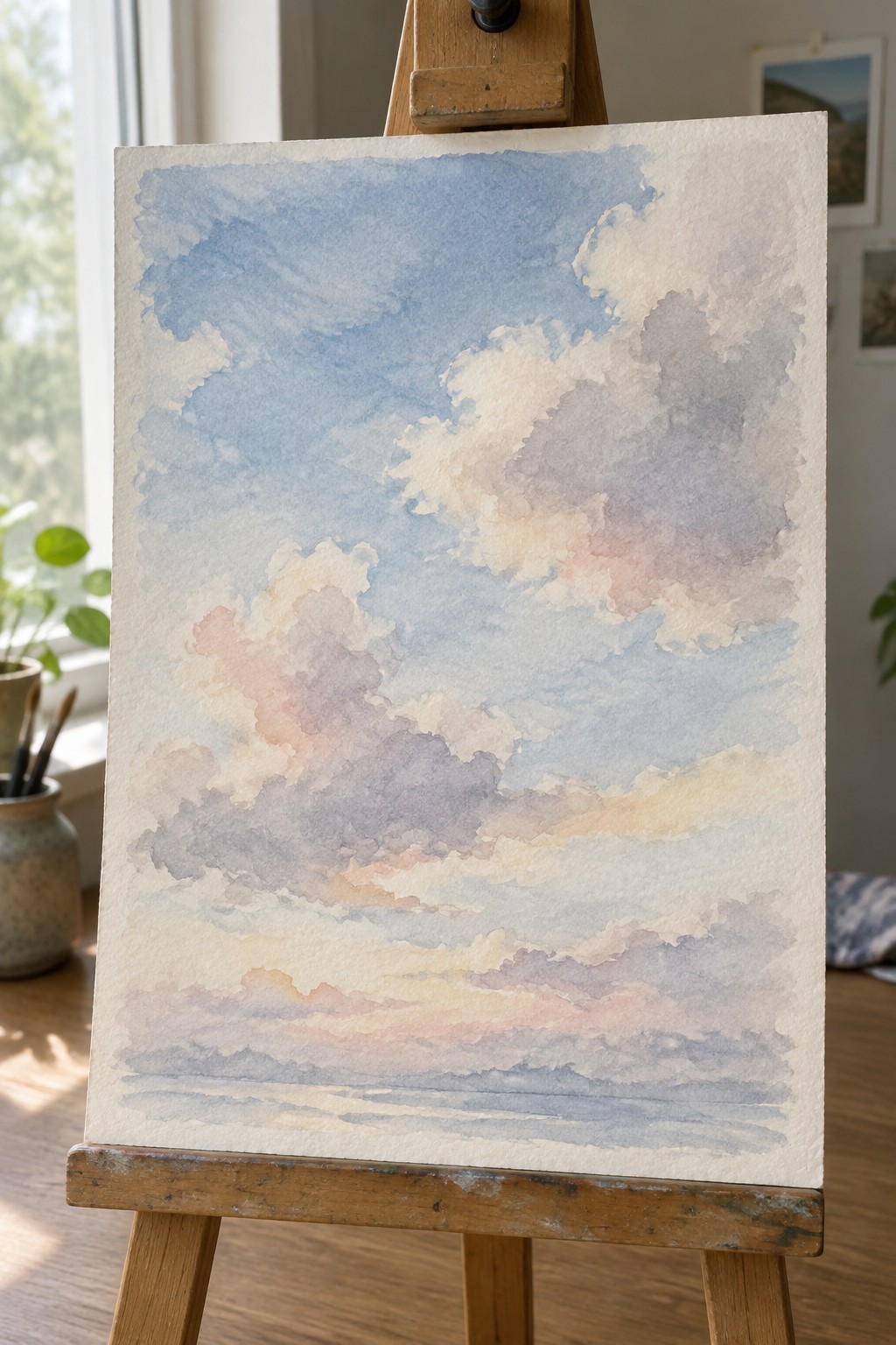 Watercolor painting of soft blue, pink, and lavender clouds on a wooden easel