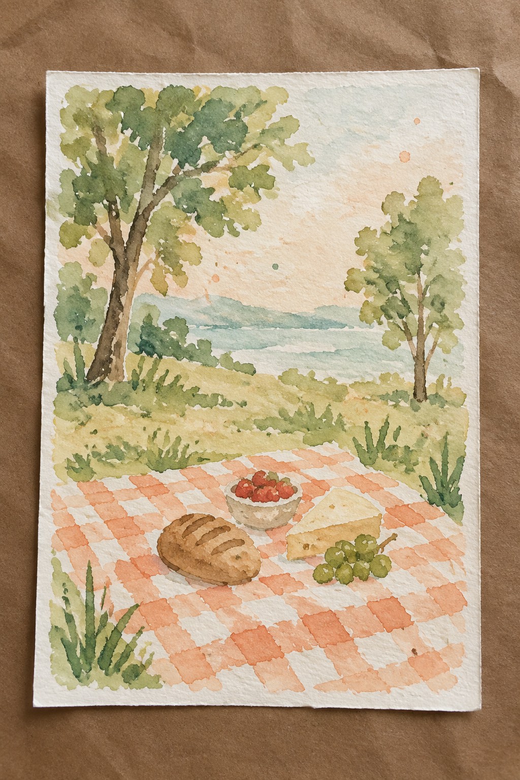 Watercolor of orange checkered picnic blanket with bread, strawberries, cheese, and grapes by a lake.