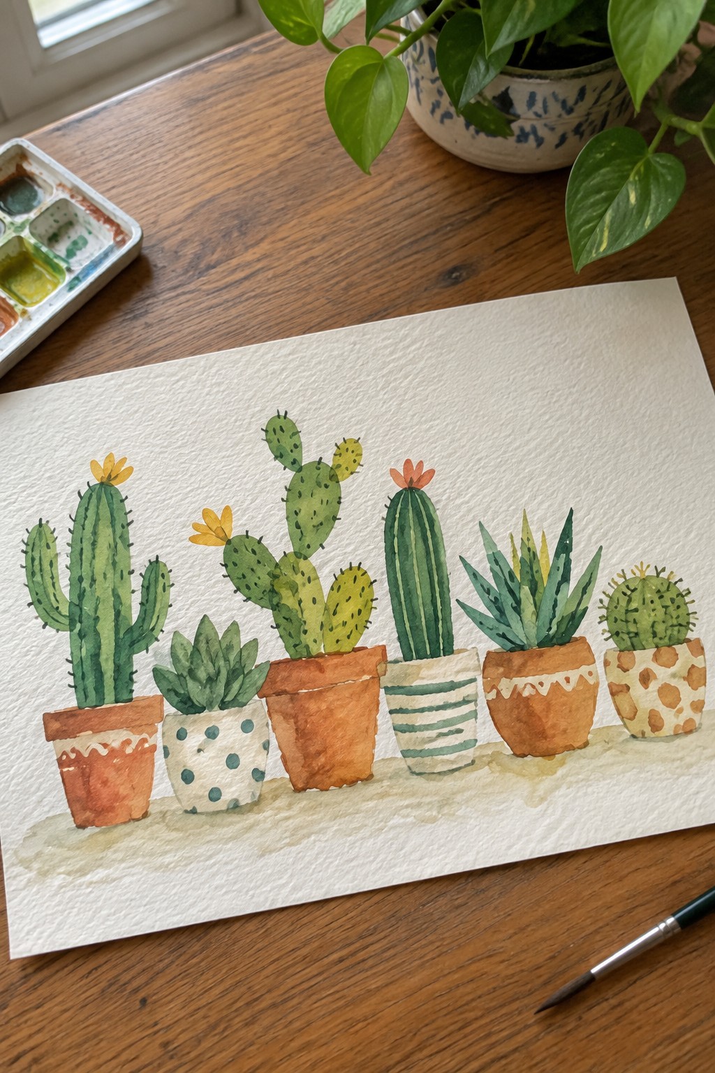 Watercolor painting of colorful potted cacti and succulents on wooden table with palette