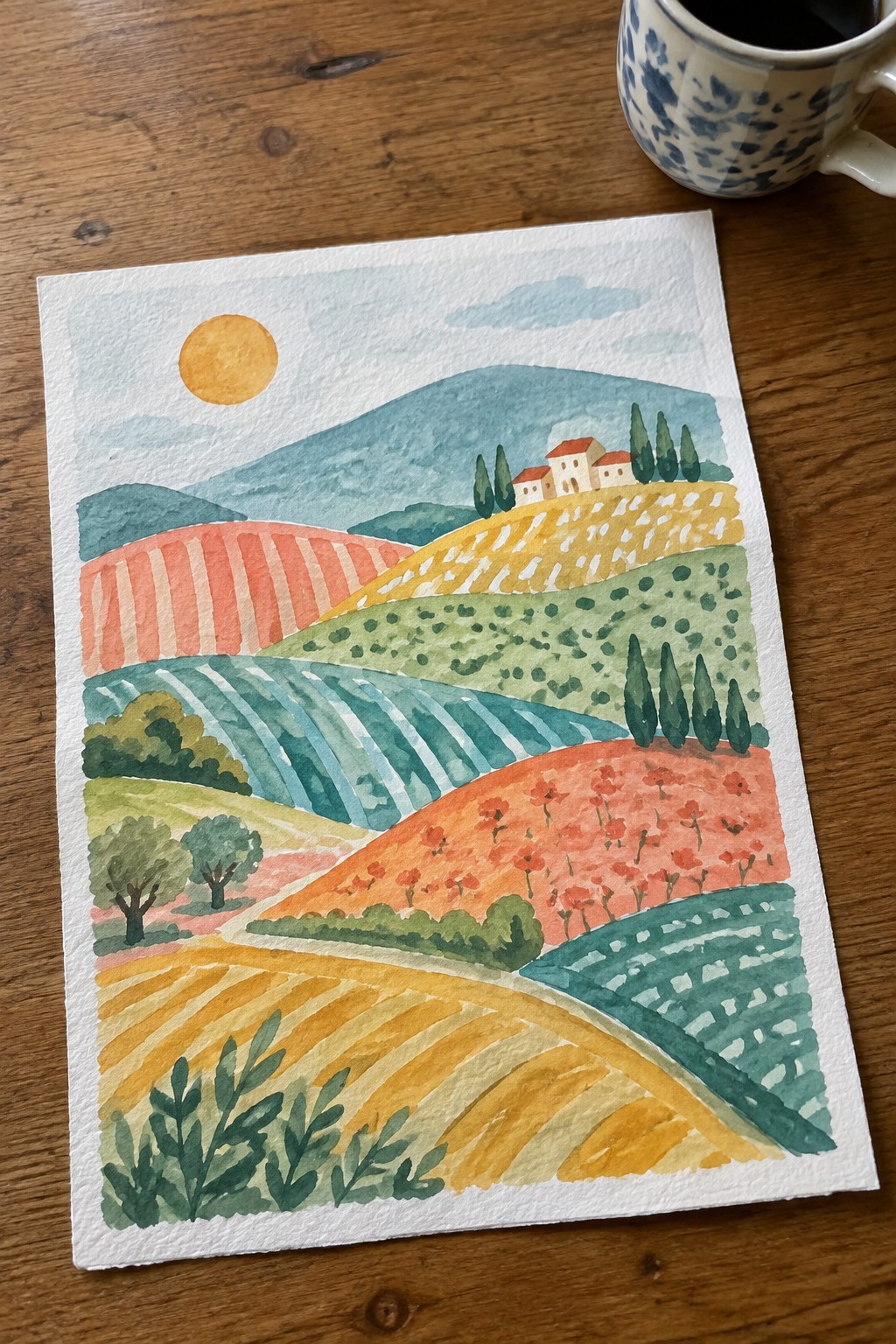 Watercolor landscape of colorful rolling hills, fields, village, sun, and coffee mug on wood