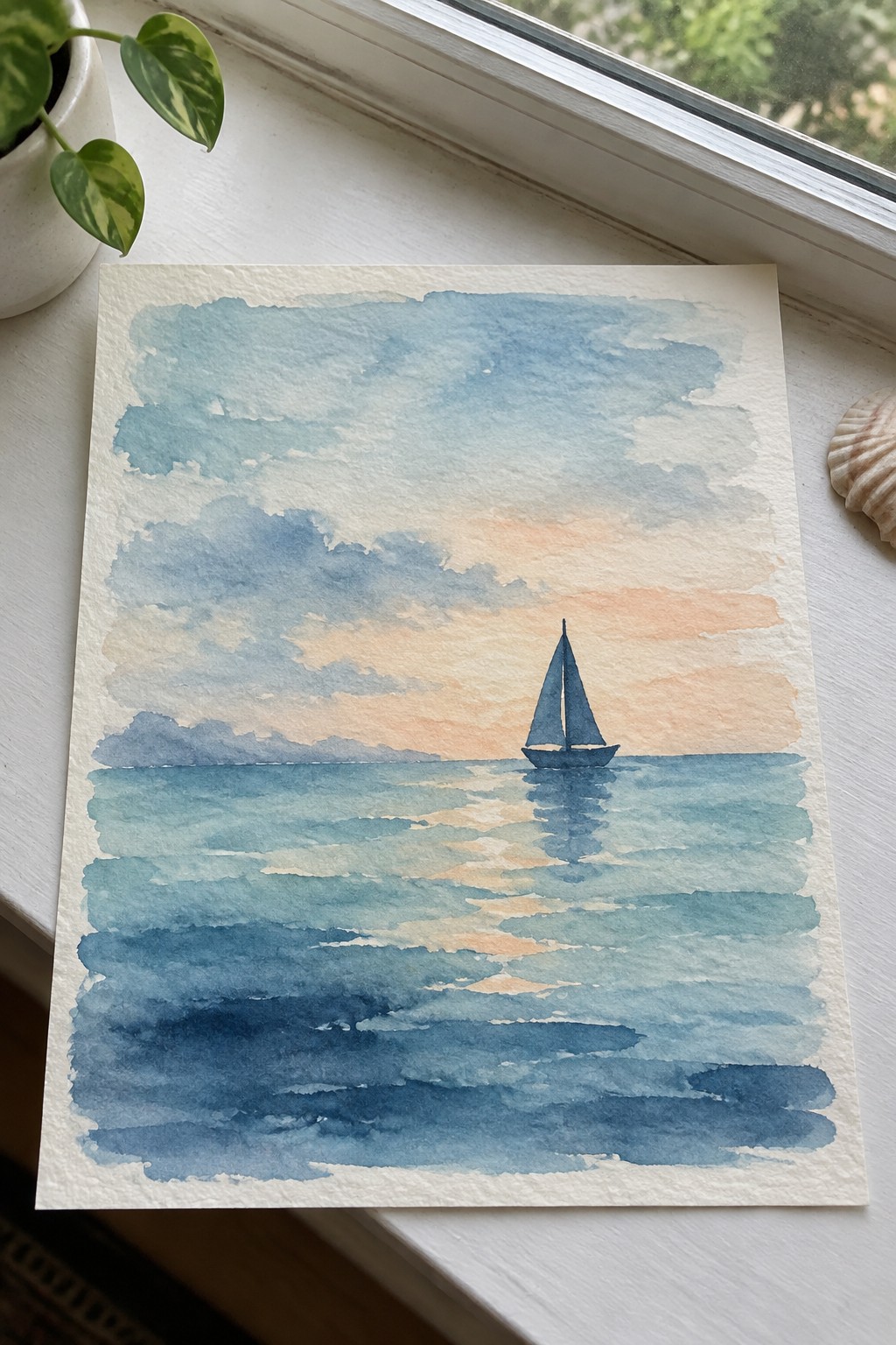 Watercolor seascape of sailboat at sunset on windowsill with plant and seashell