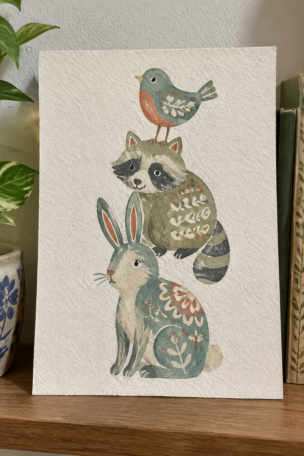 Watercolor illustration of stacked patterned rabbit, raccoon, and bird in folk style.