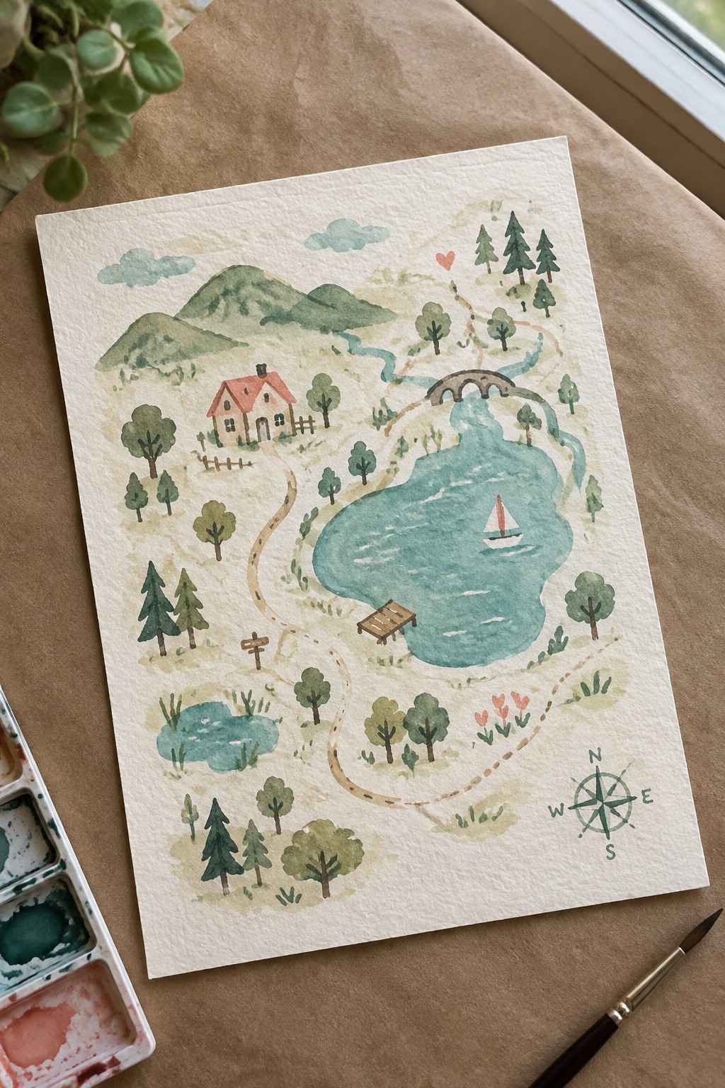 A watercolor painting of a landscape map featuring a red-roofed house, a large teal lake with a sailboat, a stone bridge, mountains, trees, and winding paths on white paper next to art supplies.