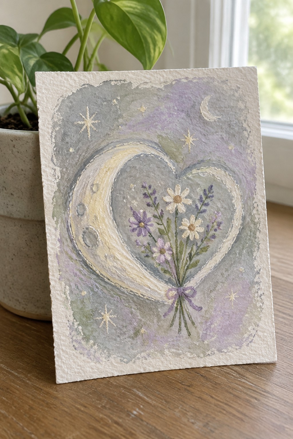 Watercolor heart moon with daisies, lavender bouquet, purple bow, and stars