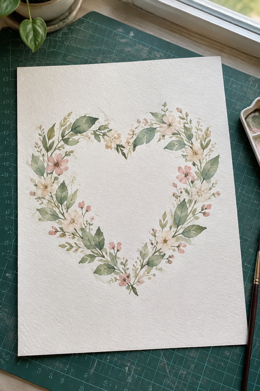 Watercolor heart-shaped floral wreath with pink blooms and green leaves on white paper