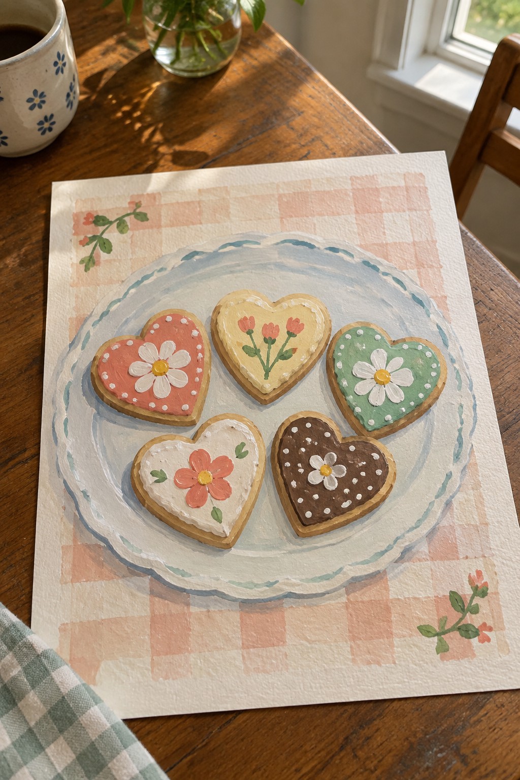 Five floral heart-shaped cookies on blue plate over pink checkered paper