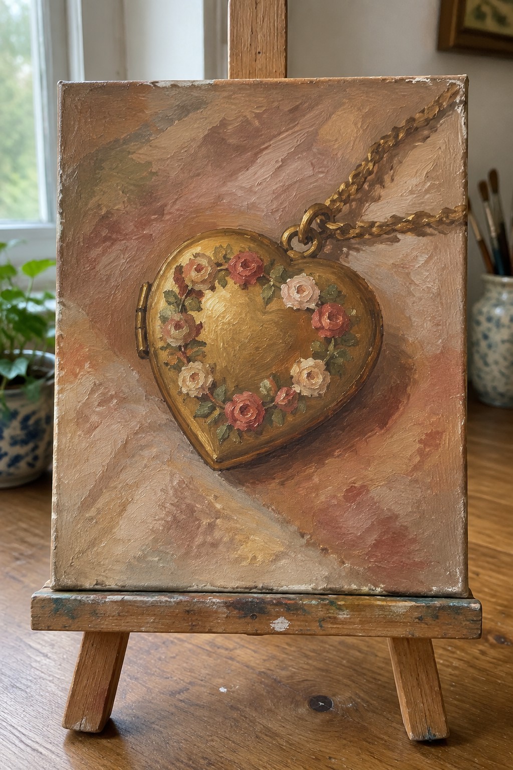 Golden heart locket with pink roses and chain on wooden easel.