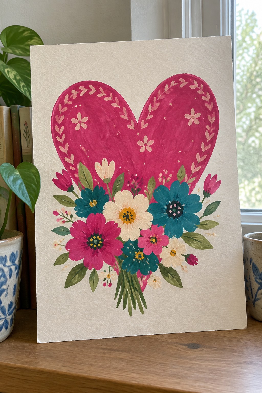 A painting of a large pink heart with a light pink floral border above a bouquet of pink, teal, white, and yellow flowers on white paper.
