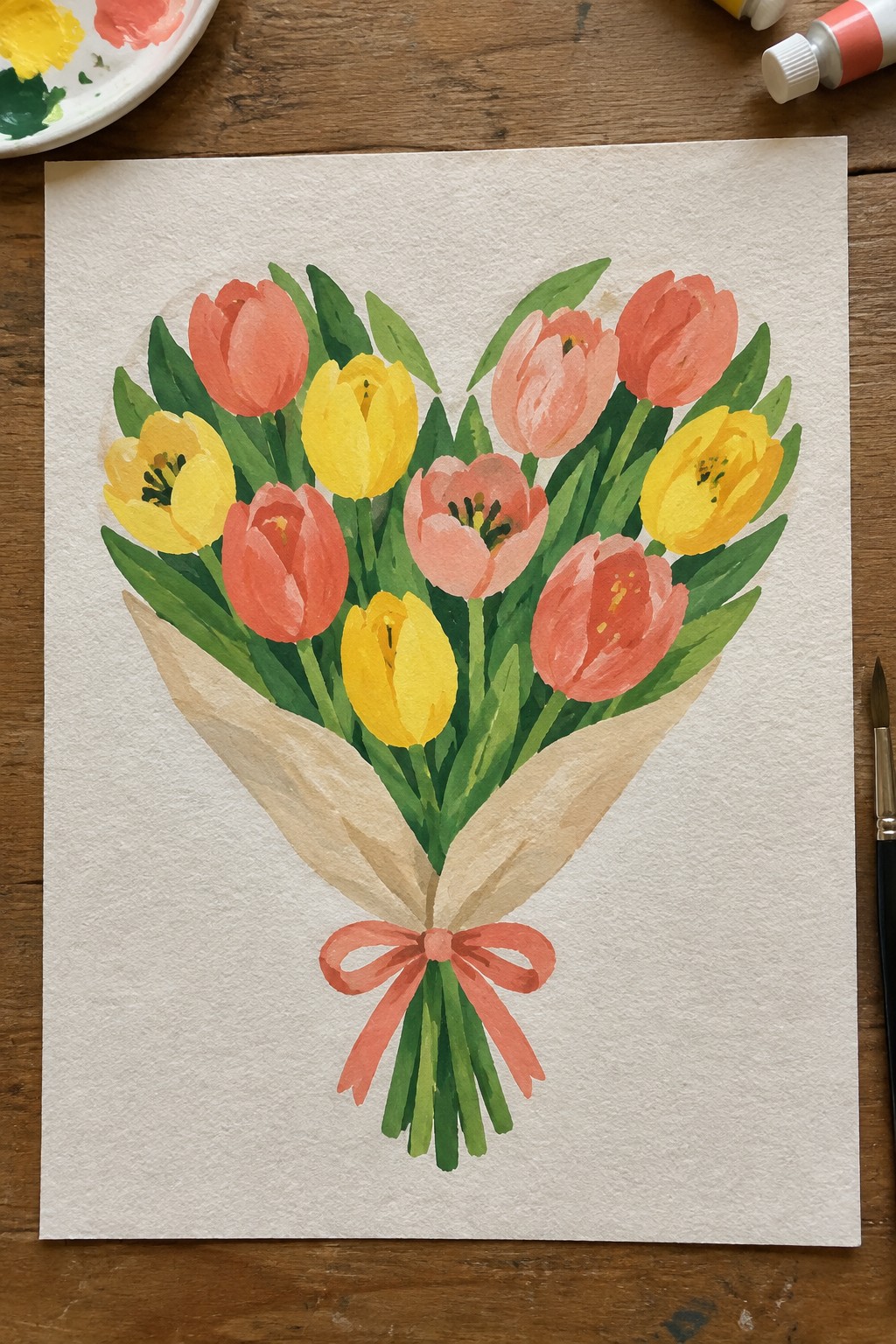 Watercolor bouquet of yellow pink and coral tulips wrapped in paper with red bow