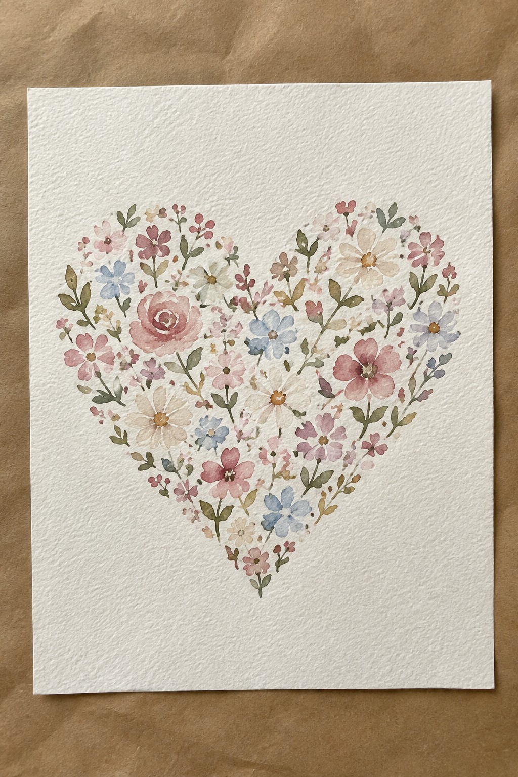 Watercolor heart formed from delicate pink, blue, white, and green flowers on paper