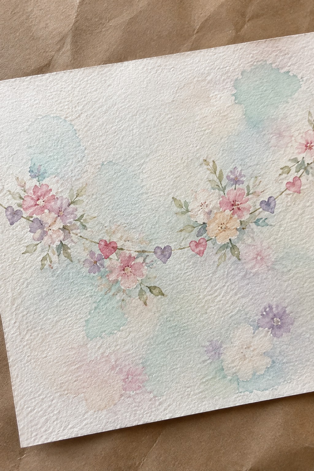 Watercolor floral garland with pink flowers and pastel hearts on textured paper