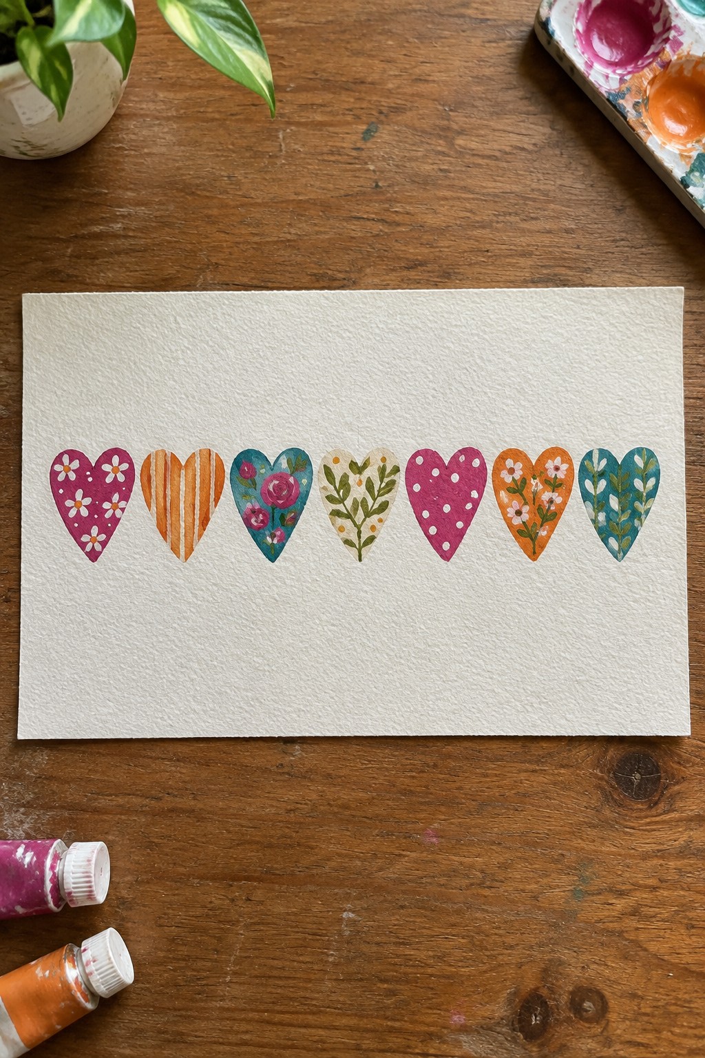 Seven colorful patterned watercolor hearts lined across white paper on wooden table with paints.