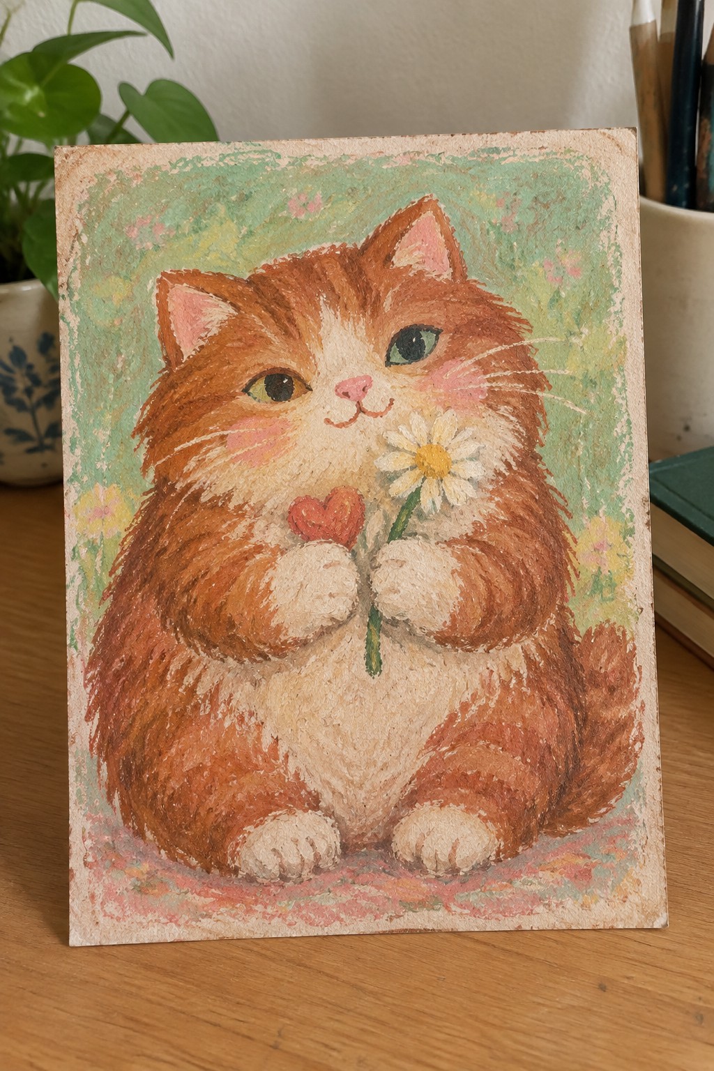 Fluffy orange cat holding daisy and red heart in pastel painting