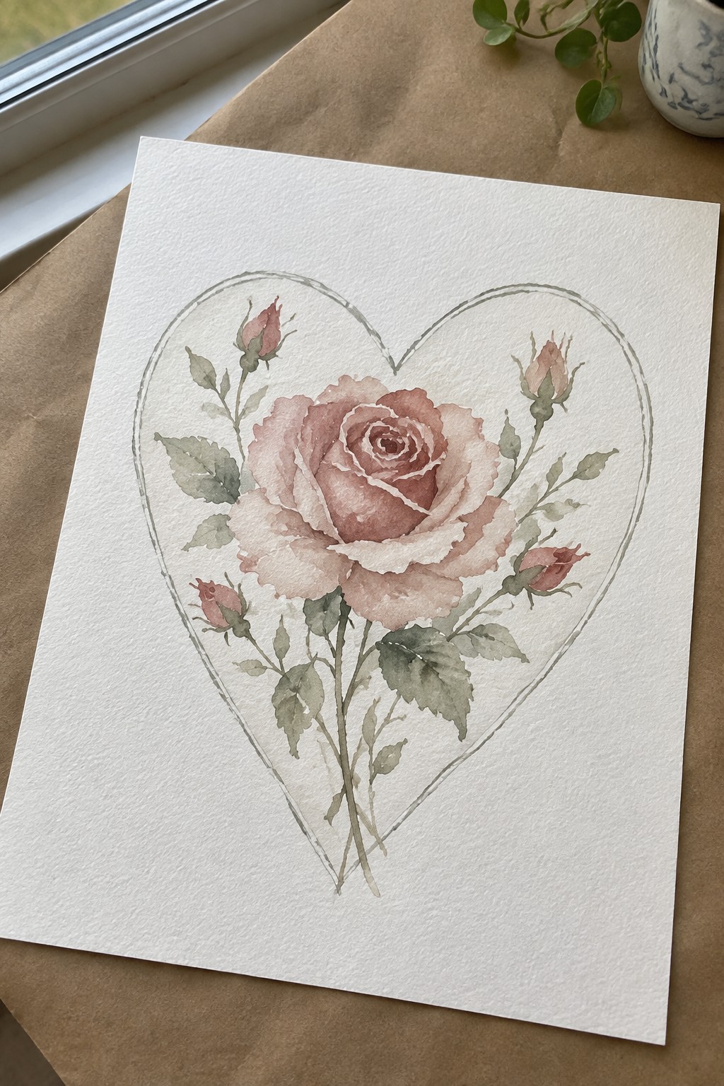 Watercolor pink rose with buds and leaves in heart outline on white paper