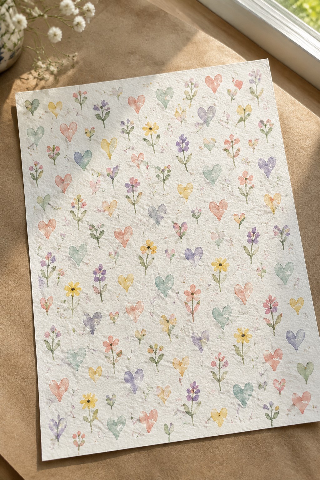 Pastel watercolor hearts and flowers scattered on textured white paper near a window