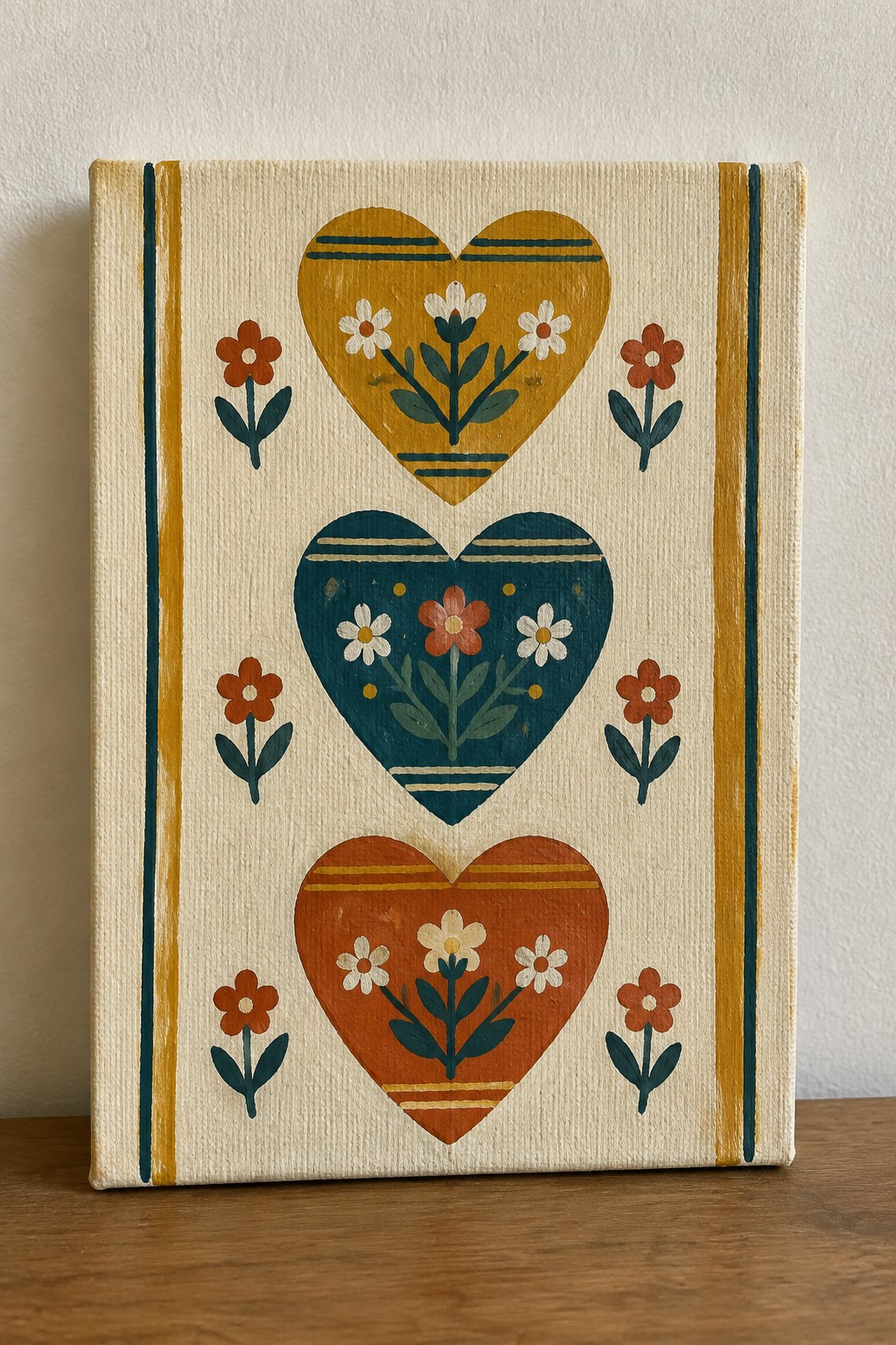 Folk art canvas with three stacked colorful hearts and floral motifs