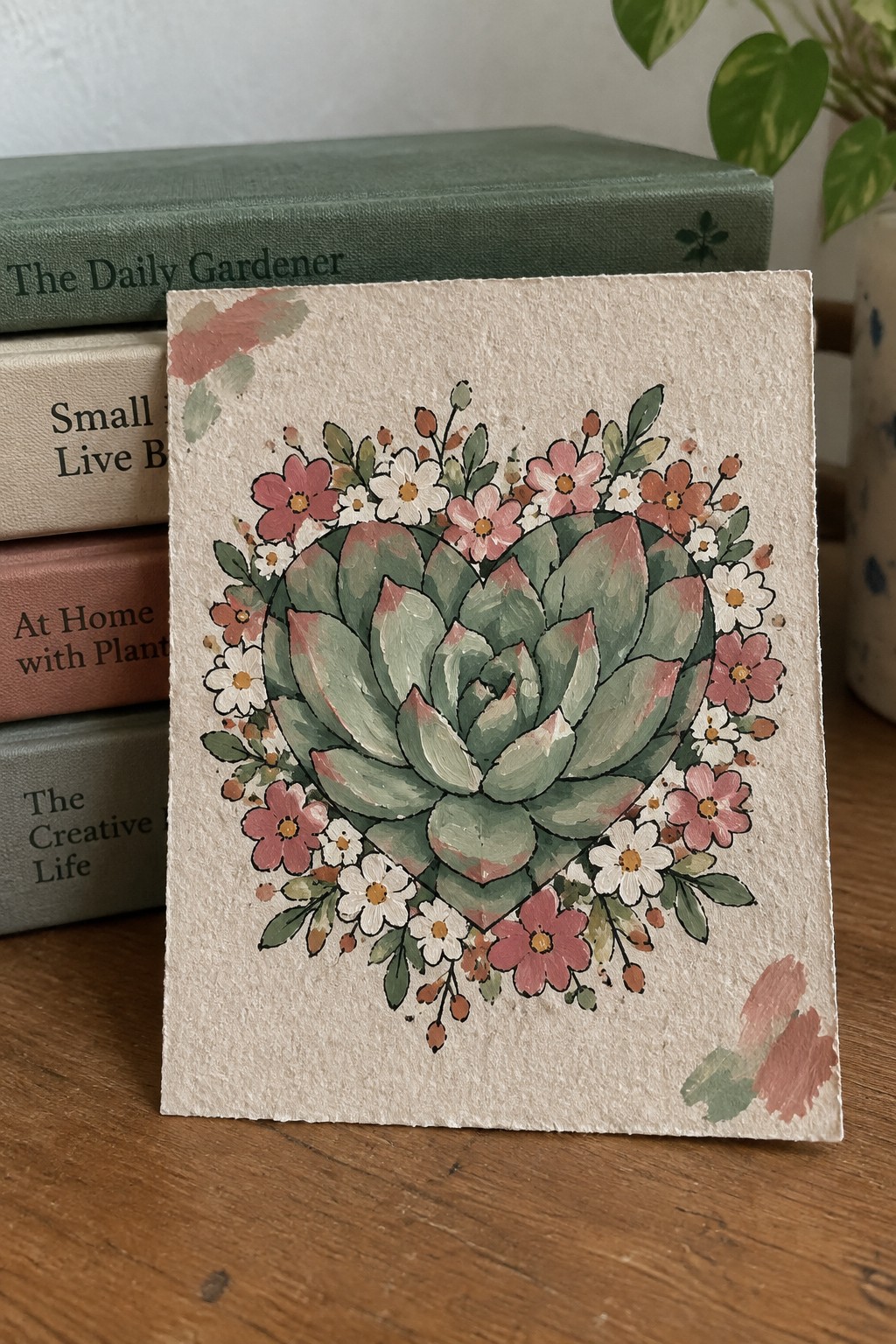 Heart-shaped green-pink succulent watercolor with floral wreath on textured paper card