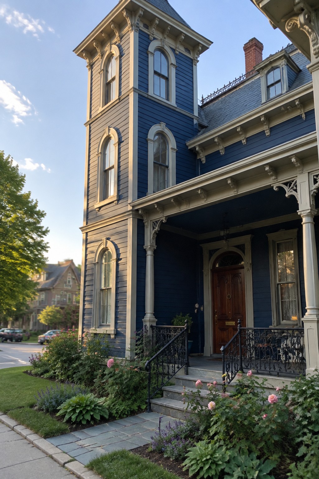 Blue Victorian house with tower, ornate porch, and blooming flower garden.